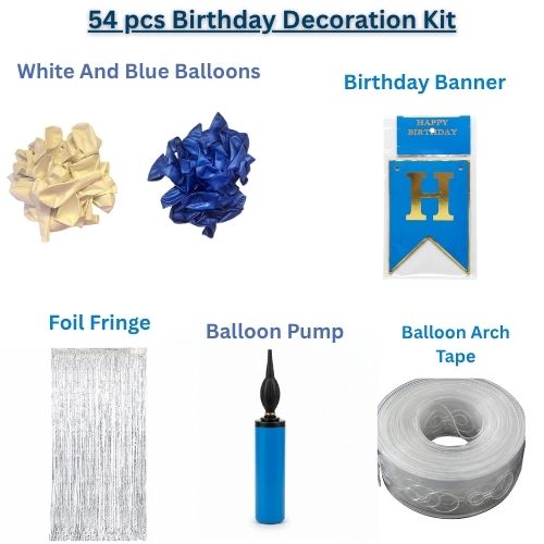 54-Piece Celebration Kit: Metallic Royal Blue & White Decor