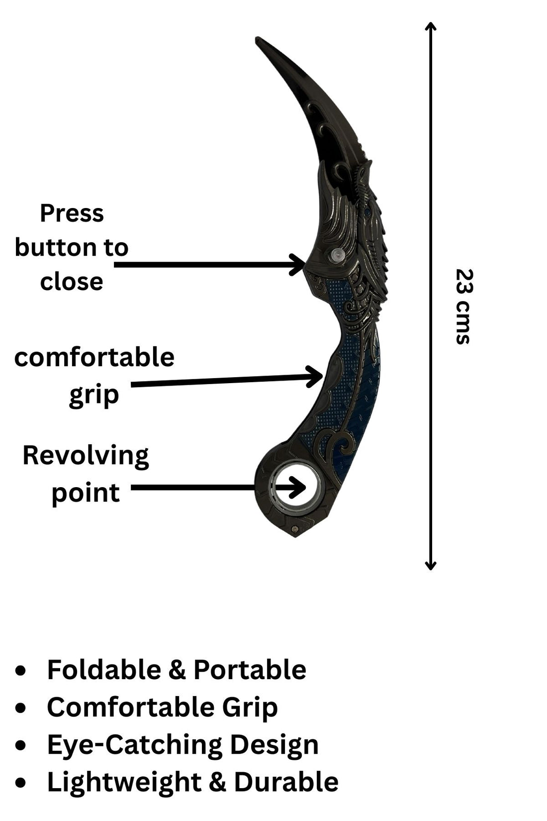 Charcoal Black - 23 cms - Pocket, folding and rotating karambit knife anime toy