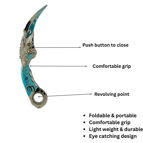 Turquoise Chrome - 23 cms - Pocket, folding and rotating karambit knife anime toy