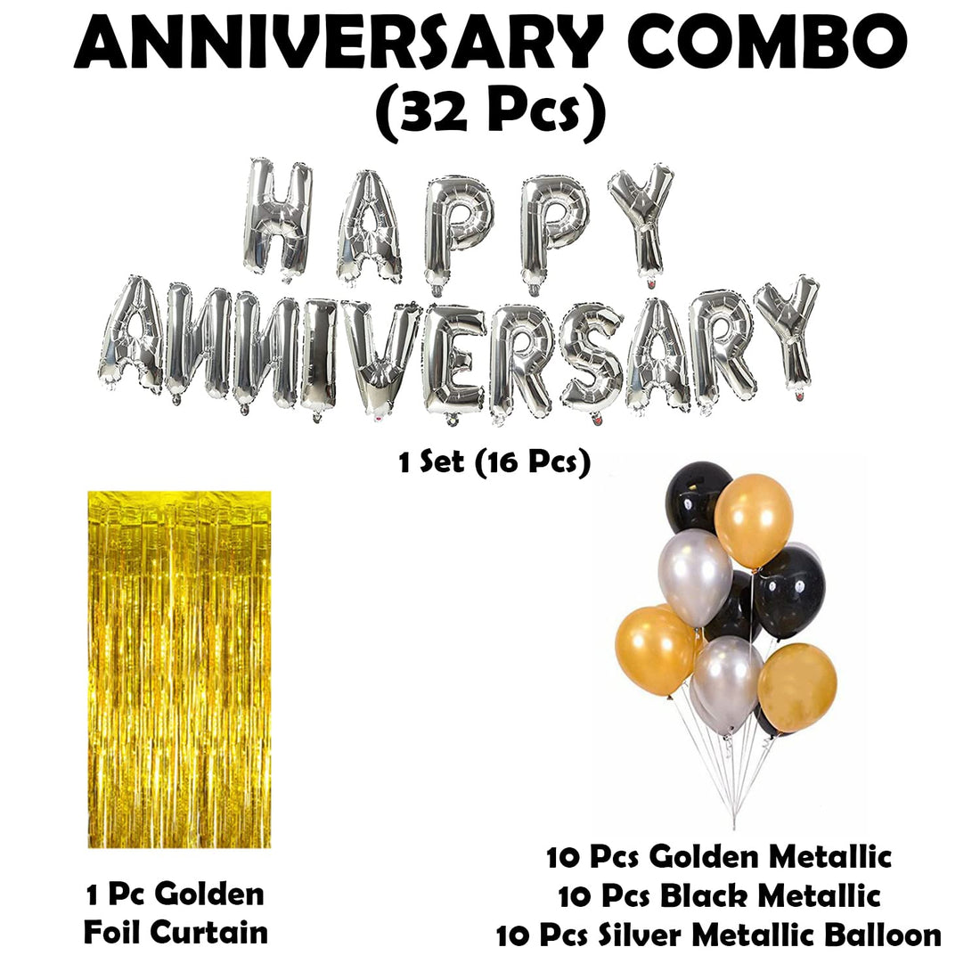 Happy Anniversary Decoration Kit For Home -32 Items Silver Combo Set Foil Balloon, Curtains, Metallic Balloons, anniversary decoration items For Bedroom